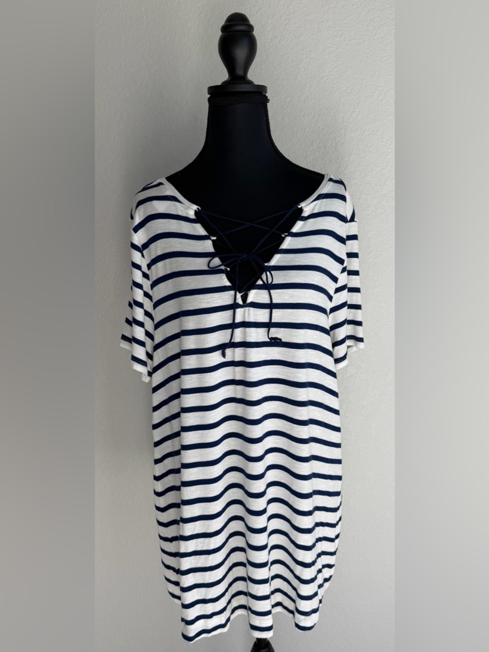 Old Navy Blue & White Striped Lace-Up Blousy Nautical Top, Large